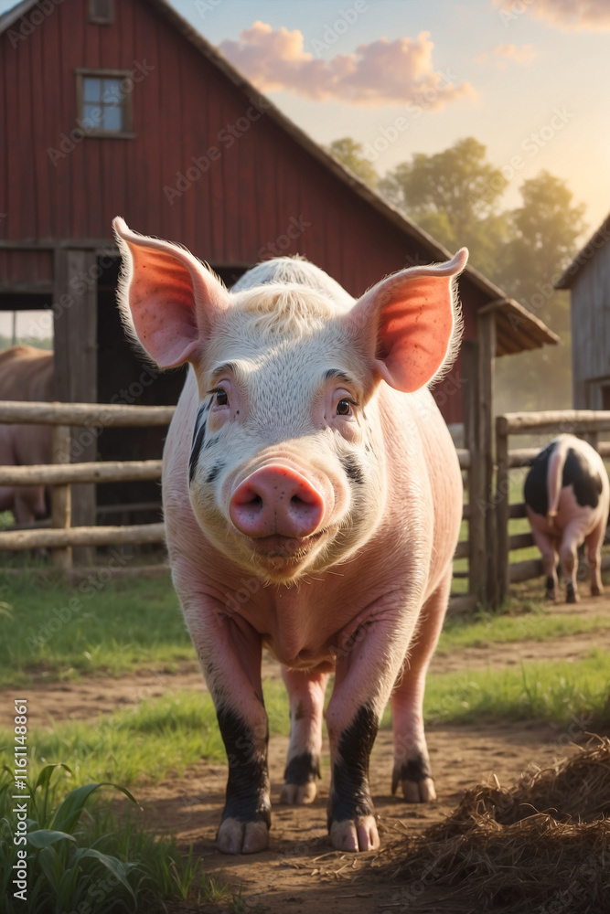 Funny pig with a smile on his face. Adorable farm animal. Perfect for children's projects, cards and illustrations. Warm light and rural atmosphere Funny pig with a smile on his face. Adorable farm animal. Perfect for children's projects, cards and illustrations. Warm light and rural atmosphere