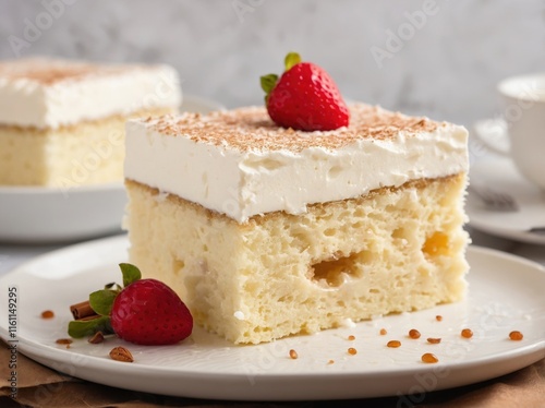 A side view of a square piece of Tres Leches Cake on a small white dish.