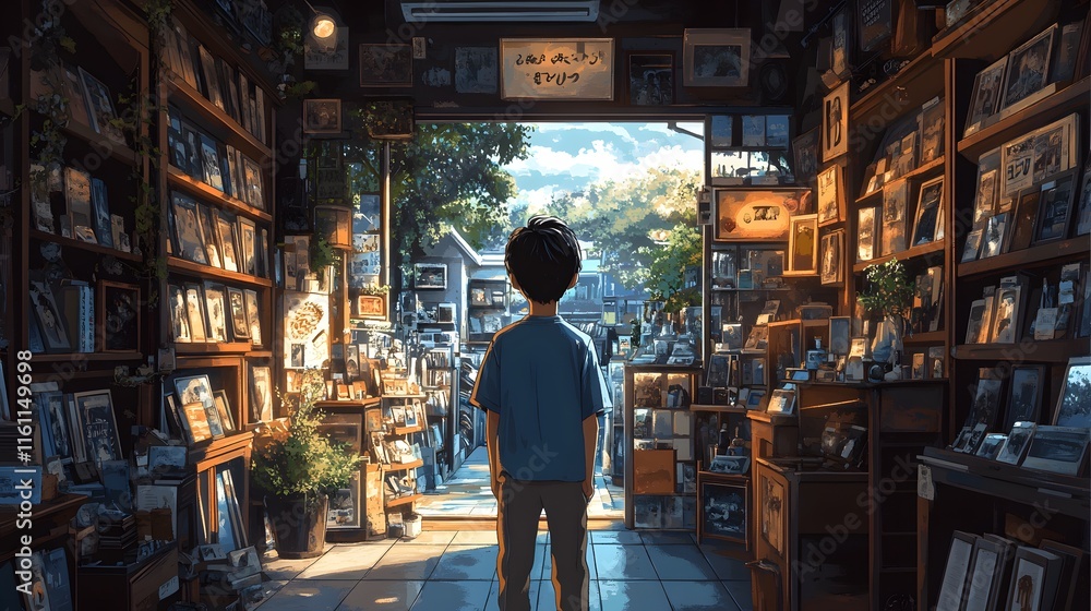 Lofi anime illustration of A young boy stands in a dimly lit antique photo shop, gazing towards a sunny street outside. The shop is filled with various frames and pictures. Lofi anime illustration of A young boy stands in a dimly lit antique photo shop, gazing towards a sunny street outside. The shop is filled with various frames and pictures.