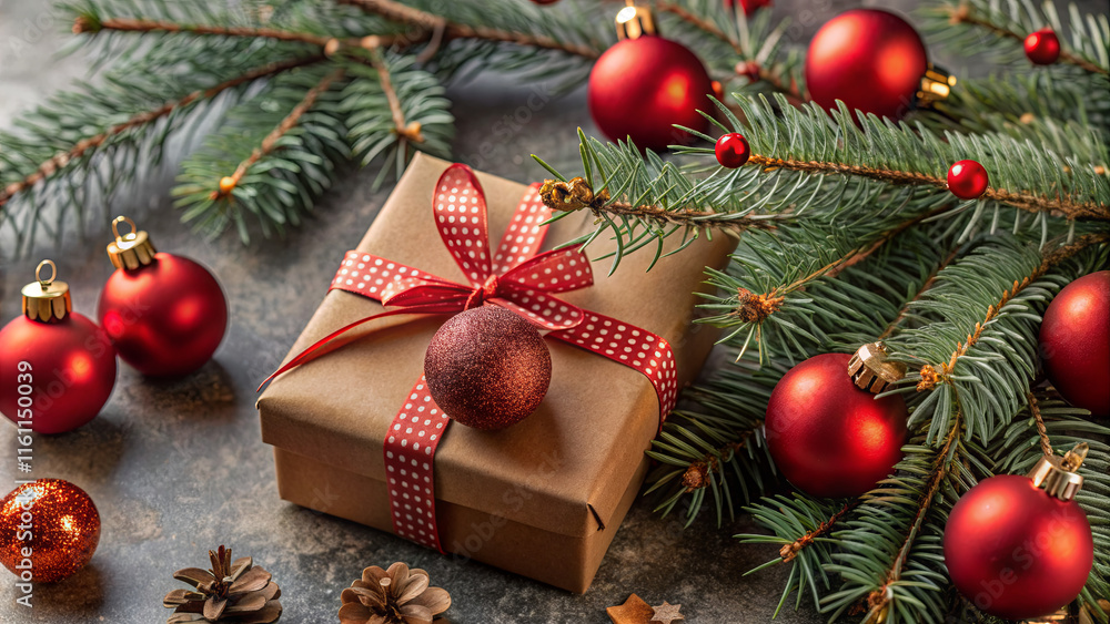 A beautifully wrapped gift sits on a table, adorned with a red bow. Surrounding it are vibrant Christmas ornaments and fresh pine branches, creating a festive atmosphere filled with holiday cheer A beautifully wrapped gift sits on a table, adorned with a red bow. Surrounding it are vibrant Christmas ornaments and fresh pine branches, creating a festive atmosphere filled with holiday cheer