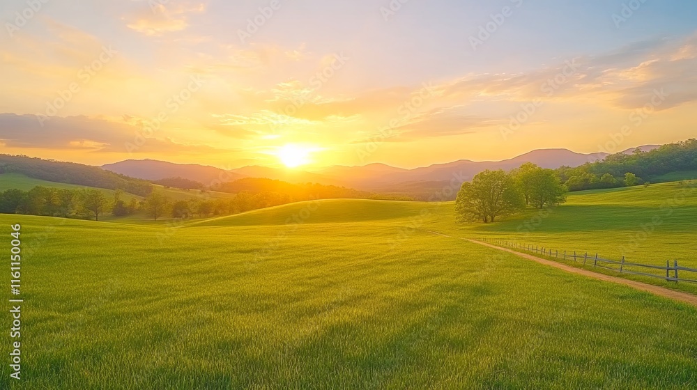 Fototapeta premium Serene Sunset over Rolling Green Hills.