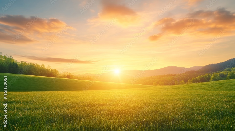 Serene Sunset Over Rolling Green Fields Serene Sunset Over Rolling Green Fields