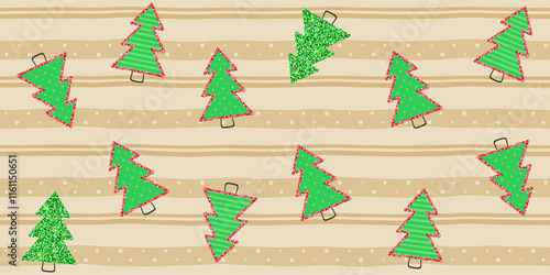 Green decorative Christmas trees with polka dot, striped and glitter texture on a beige striped background. Vector seamless pattern for festive design, New Year banner, wrapping paper, surface texture