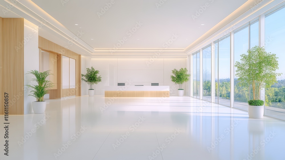 Fototapeta premium Modern Minimalist Office Lobby with Reception Desk and Natural Light.