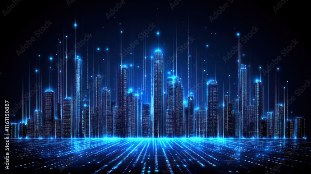 Digital Cityscape Glowing Skyscrapers Blue Light Trails Data Streams Digital Cityscape Glowing Skyscrapers Blue Light Trails Data Streams