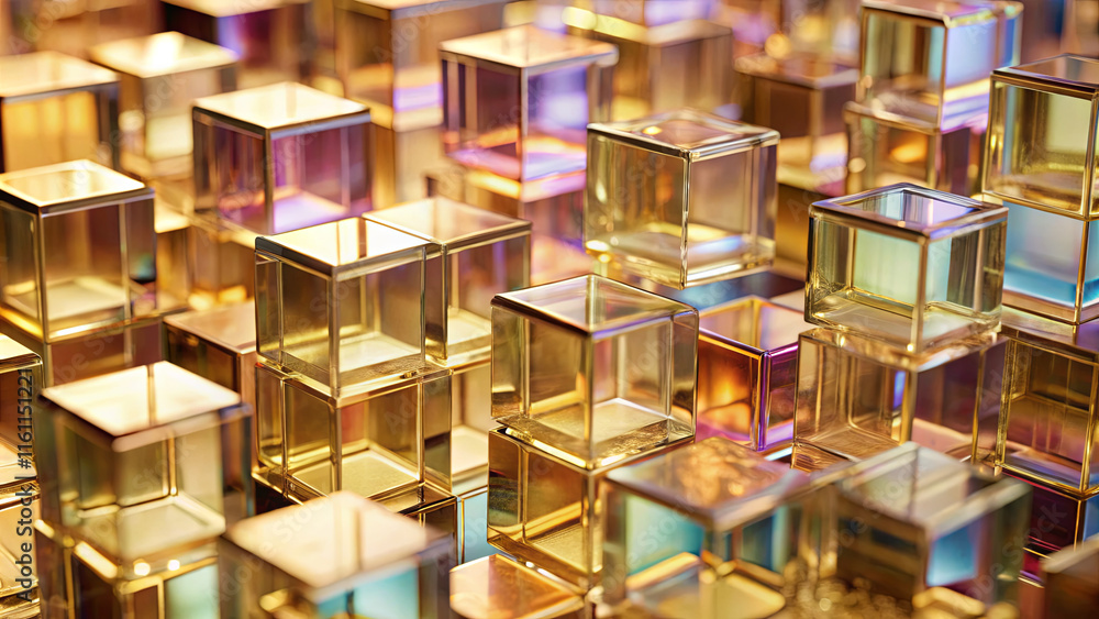 Blocks made of translucent glass are arranged closely together, creating a vibrant display of colors and reflections under soft lighting, enhancing their artistic appeal Blocks made of translucent glass are arranged closely together, creating a vibrant display of colors and reflections under soft lighting, enhancing their artistic appeal