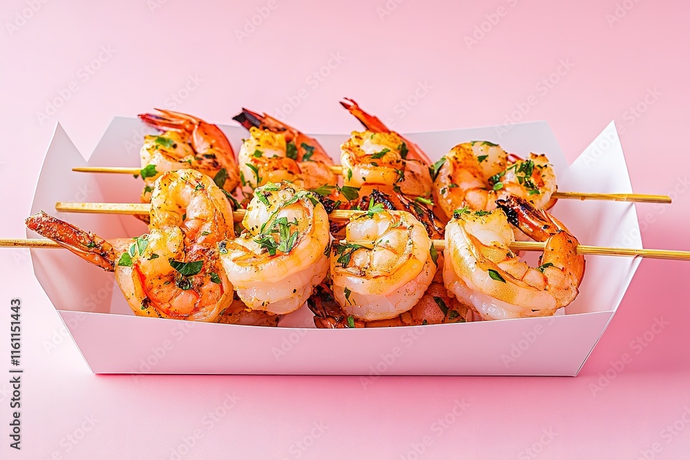 Grilled shrimp skewers in a white takeout container, ready to enjoy! Grilled shrimp skewers in a white takeout container, ready to enjoy!