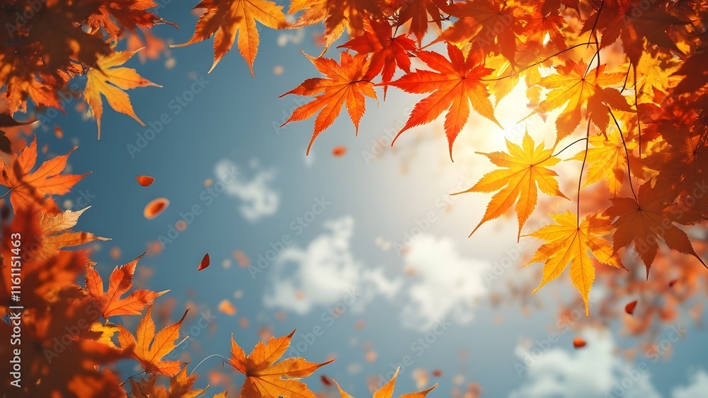 Vibrant Autumn Maple Leaves, Swirling Golden Glow Against Blue Sky - Seamless Digital Image Vibrant Autumn Maple Leaves, Swirling Golden Glow Against Blue Sky - Seamless Digital Image