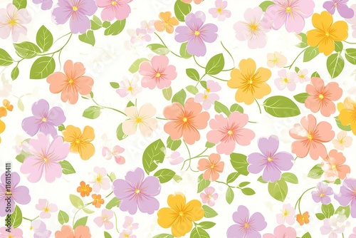 Pastel floral pattern, perfect for spring designs. Delicate flowers and leaves on a white background.