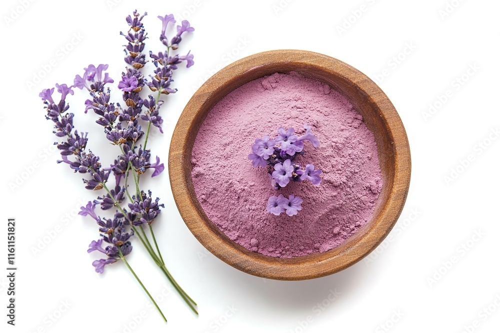 Lavender powder and blossoms in a wooden bowl. Aromatic and natural. Lavender powder and blossoms in a wooden bowl. Aromatic and natural.
