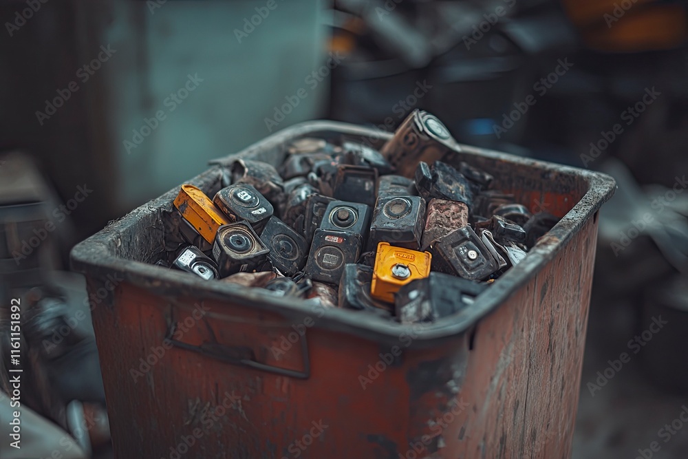 Used batteries in a special container for recycling.