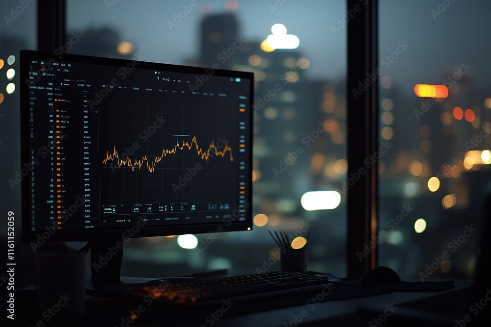 Stock market data displayed on a computer screen at night, overlooking a city skyline. Stock market data displayed on a computer screen at night, overlooking a city skyline.