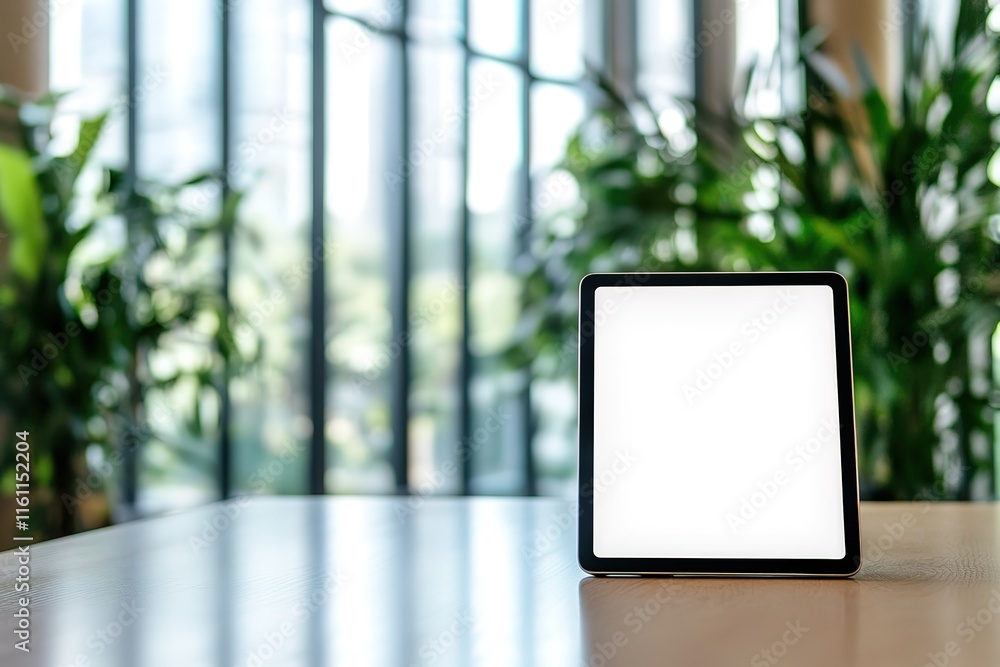 Tablet on a table in a modern office setting. Blank screen for your design. Tablet on a table in a modern office setting. Blank screen for your design.