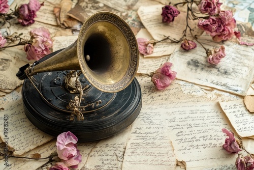 Antique Gramophone Amidst Dried Roses and Old Letters photo