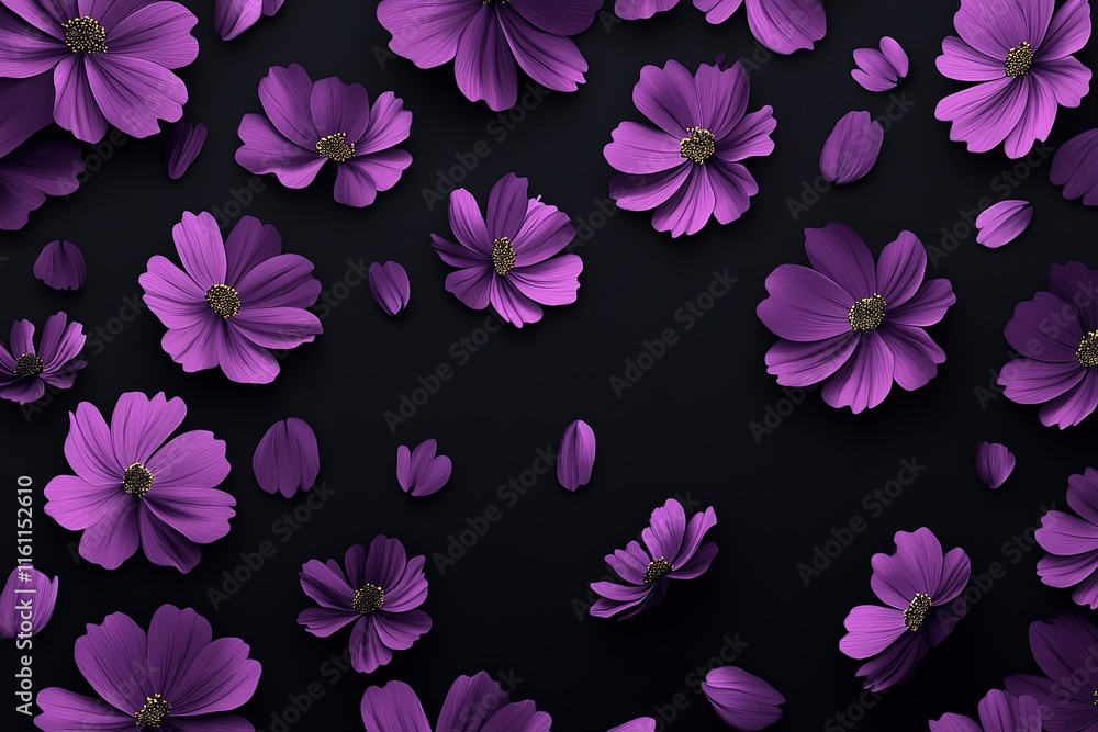 Purple flowers scattered on a dark background. A beautiful floral arrangement. Purple flowers scattered on a dark background. A beautiful floral arrangement.