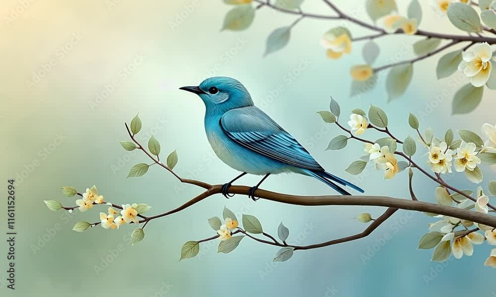 Serene Bluebird Perched on a Blooming Branch in a Soft, Pastel Setting Serene Bluebird Perched on a Blooming Branch in a Soft, Pastel Setting