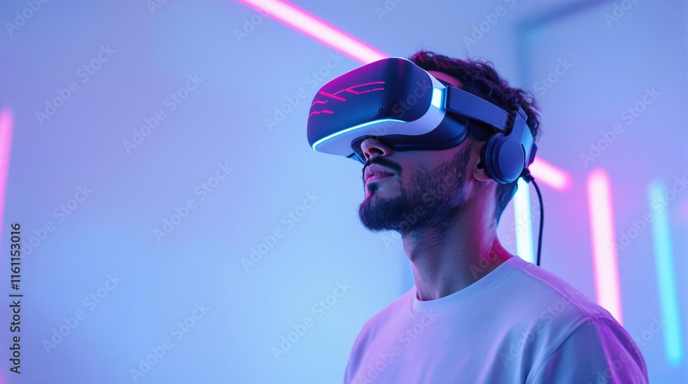 Man immersed in virtual reality neon lights illuminating the scene futuristic experience Man immersed in virtual reality neon lights illuminating the scene futuristic experience