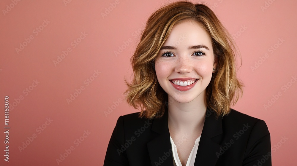 Smiling Young Businesswoman Portrait on Soft Pink Background Smiling Young Businesswoman Portrait on Soft Pink Background