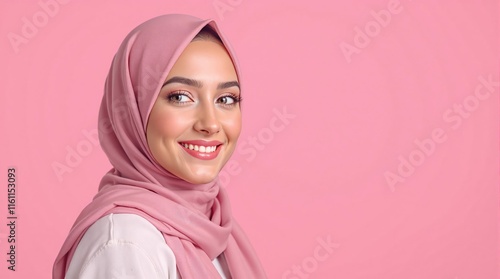 Smiling young beautiful muslim woman in pink hijab against pink background portrait beauty confidence copy space