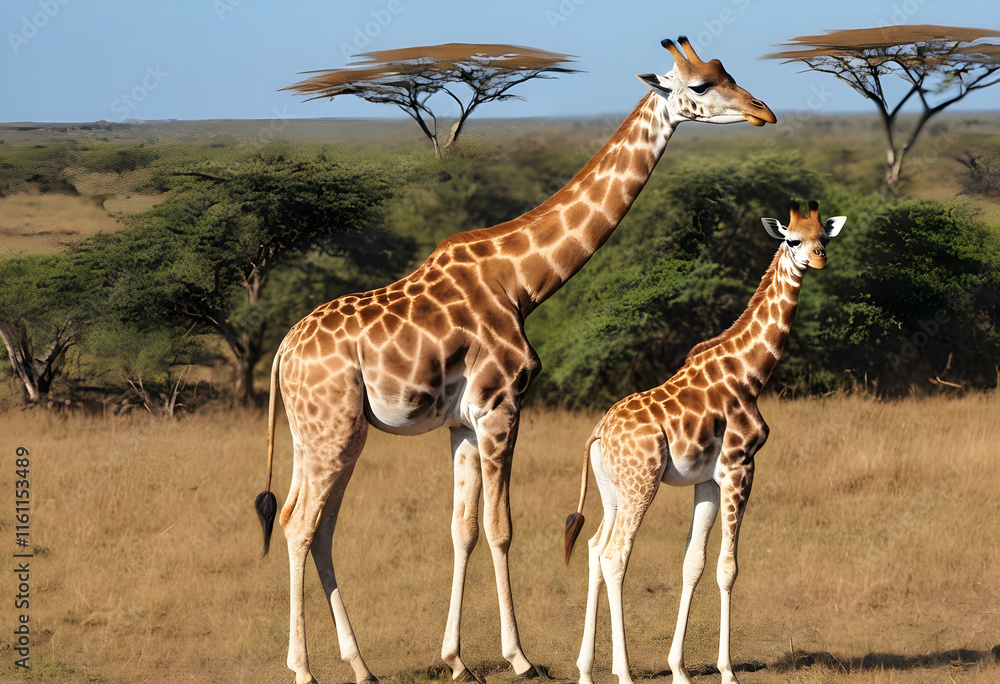 Family Rothschild's giraffe (camelopardalis camelopardalis) walking in a savanna nature. Animals in wildlife and freedom. Giraffe in the wild Family Rothschild's giraffe (camelopardalis camelopardalis) walking in a savanna nature. Animals in wildlife and freedom. Giraffe in the wild