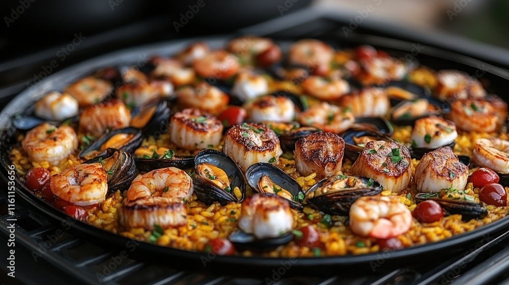 Vibrant seafood paella with shrimp and mussels. Vibrant seafood paella with shrimp and mussels.