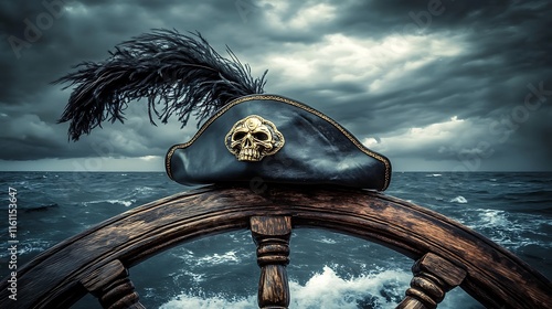 Pirate hat with skull emblem on ship's wheel against stormy sea. photo