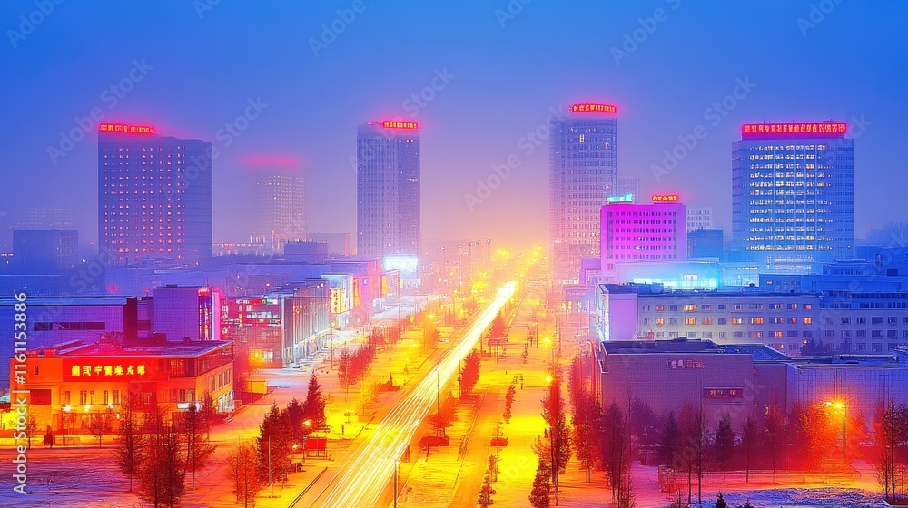 Obraz premium Night cityscape with illuminated skyscrapers and traffic trails on a wide avenue.