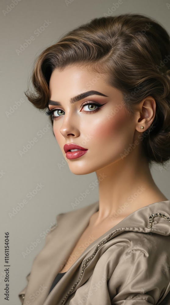 Fototapeta premium Portrait of young beautiful woman with elegant vintage retro hairstyle and makeup wearing taupe satin jacket