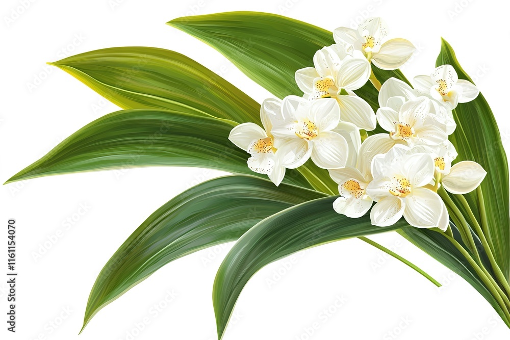 Fototapeta premium Elegant white orchids with lush green leaves. Perfect for adding a touch of nature to your designs.