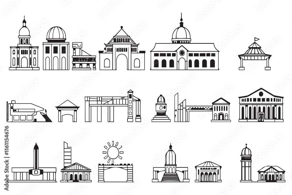 a line art illustration in black and white that shows a number of buildings stacked in two rows on a stark white background. a line art illustration in black and white that shows a number of buildings stacked in two rows on a stark white background.