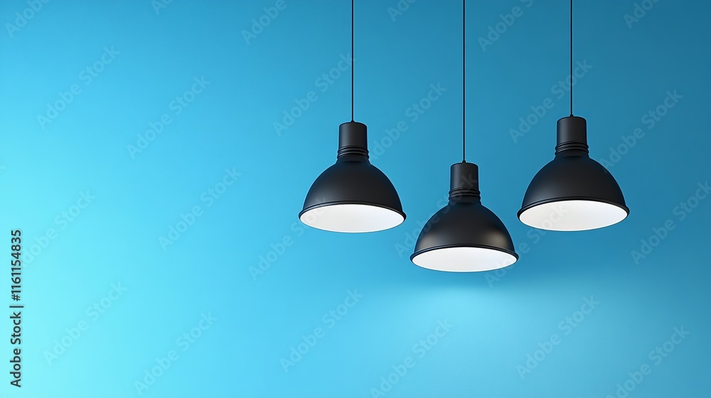 3D Black and White Ceiling Lamp with Bright Beam – Modern Design on Blue Background 3D Black and White Ceiling Lamp with Bright Beam – Modern Design on Blue Background