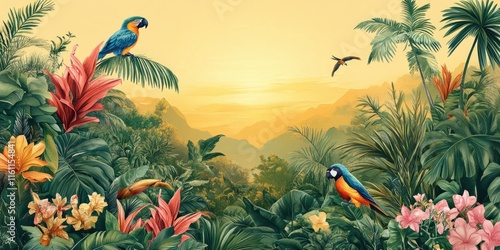 Fototapeta Naklejka Na Ścianę i Meble -  Tropical Paradise Sunset Macaws Lush Foliage