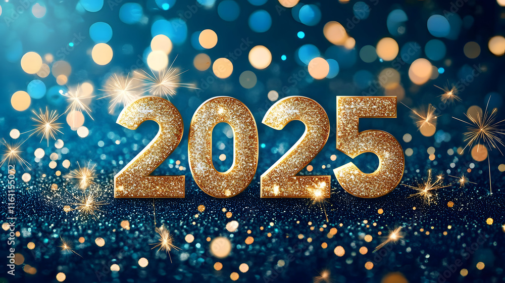 Vibrant 2025 Happy New Year Backdrop: Festive Gold and Blue Design for Marketing and Celebrations Vibrant 2025 Happy New Year Backdrop: Festive Gold and Blue Design for Marketing and Celebrations