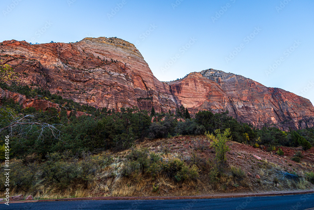 View from Zion Canyon Drive in the early morning. View from Zion Canyon Drive in the early morning.