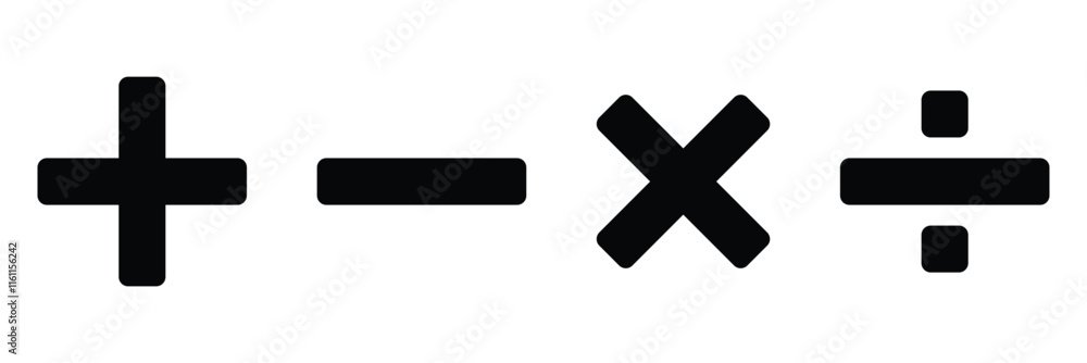 Obraz premium Plus minus multiply divide icon set on white background. Math symbol. Add sign. Calculator button symbol. vector illustration.