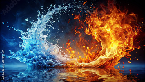 Water and fire collide in a dramatic display, showcasing vibrant blue and orange hues, emphasizing the power and beauty of elemental forces in a captivating interplay
