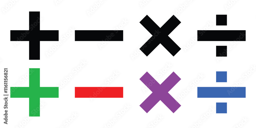 Obraz premium Basic mathematical symbol. Plus, minus, multiply, divide icon set. Plus and minus icon set. Math symbol. Plus icon, Minus icon, Multiply icon, Divide icon.