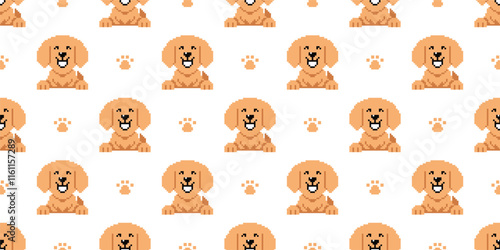Pixel art golden retriever dog seamless pattern background for design.