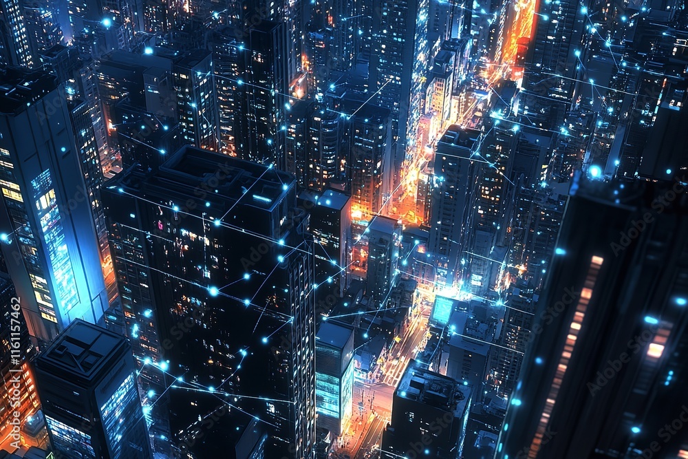 A Cityscape at Night with Glowing Connections Between Buildings A Cityscape at Night with Glowing Connections Between Buildings