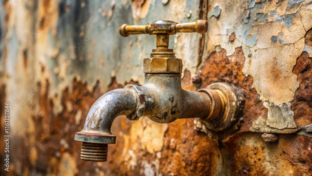 A weathered, rusty faucet protrudes from a worn, peeling wall, a testament to the passage of time and the enduring nature of utility. A weathered, rusty faucet protrudes from a worn, peeling wall, a testament to the passage of time and the enduring nature of utility.