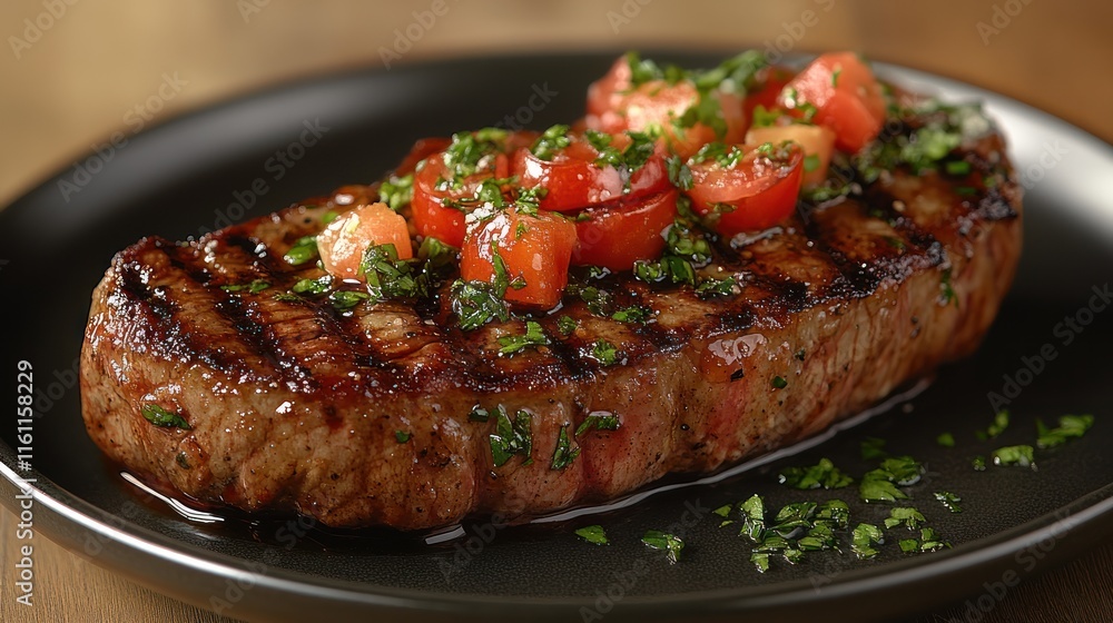 Grilled steak topped with fresh tomatoes and herbs. Grilled steak topped with fresh tomatoes and herbs.