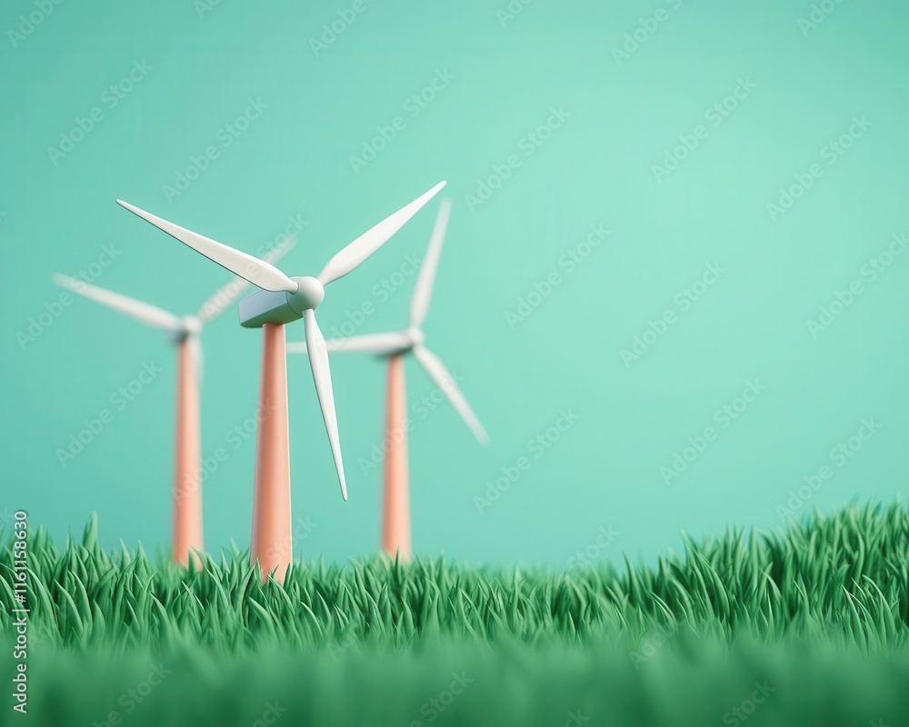 Fototapeta premium Renewable energy campaign, solar and wind with emission savings, 3D illustration