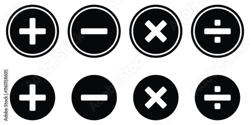 Isolate black math icon set, Plus, Minus, Multiply, Divide icons symbol.