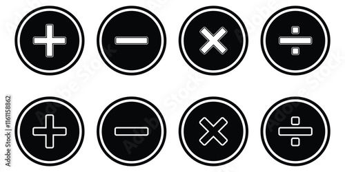Basic mathematical symbol. Plus, minus, multiply, divide icon set. Plus and minus icon set. Math symbol. Plus icon, Minus icon, Multiply icon, Divide icon.