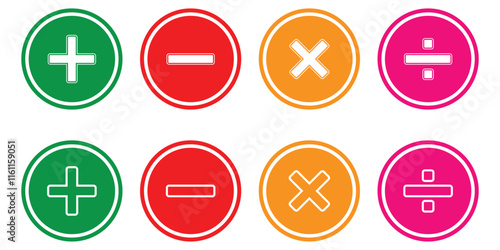 Plus minus multiply divide icon vector set isolated on white background.