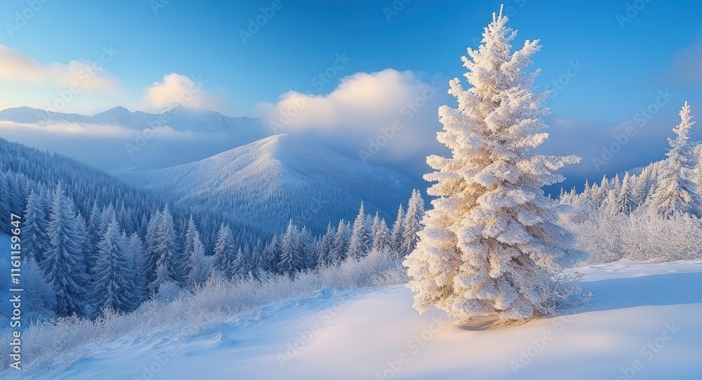 Frosty winter mountain landscape with snow-covered pine tree. Frosty winter mountain landscape with snow-covered pine tree.