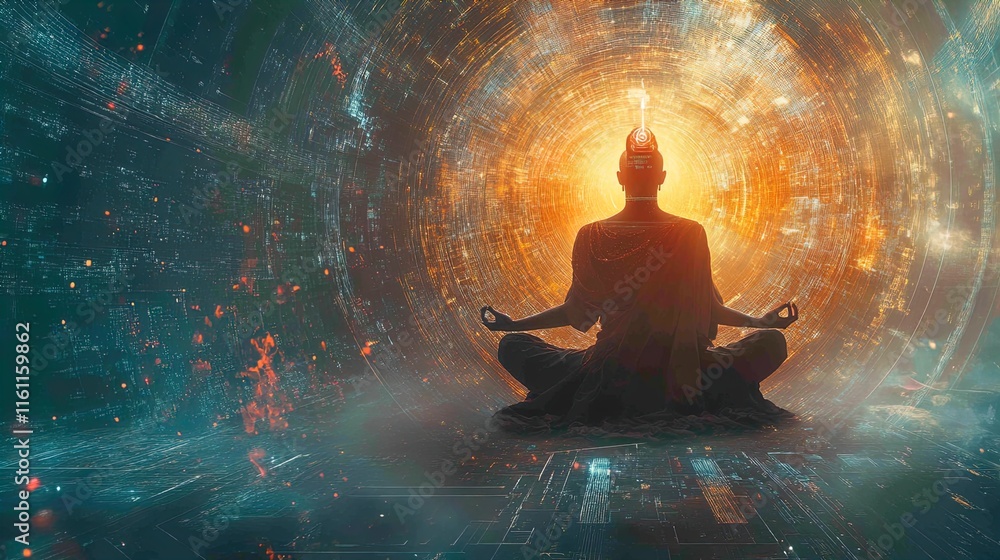 A serene silhouette of a meditating figure, reminiscent of a monk or Buddha, is centered against a backdrop of vibrant, swirling cosmic energy. The figure sits cross-legged with eyes closed, surrounde A serene silhouette of a meditating figure, reminiscent of a monk or Buddha, is centered against a backdrop of vibrant, swirling cosmic energy. The figure sits cross-legged with eyes closed, surrounde