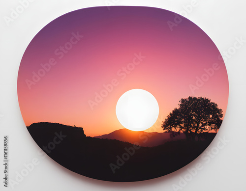 purple sunset in the mountains beautiful picture in oval shape