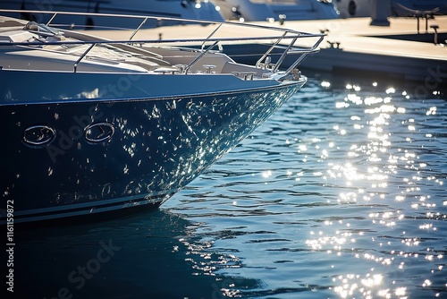 close-up of modern yacht anchored in marina with sparkling water reflecting sun photo