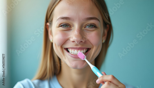 Smiling Woman Brushing Her Teeth photo